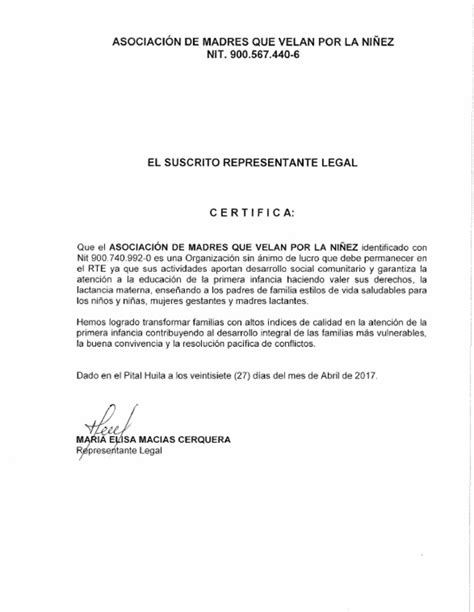 Certificado Representante Legal Asociacion Pdf