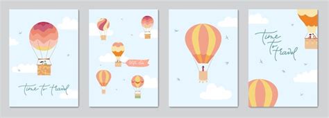 Premium Vector Set Of Cards With Vector Illustration Of Landscape With Hot Air Balloons In Sky