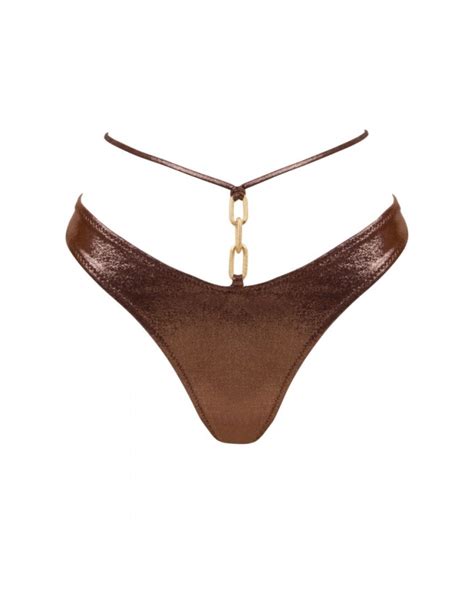 Brown Brazilian Low Rise Bikini Bottom With Chain And Waist Strap Xs