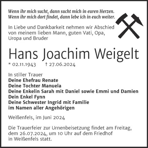 Traueranzeigen Von Hans Joachim Weigelt Abschied Nehmen De