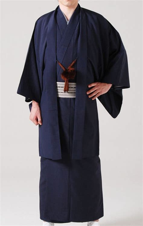 Japanese Mens Traditional Kimono Haori Jacket Coat Set Navy From Japan