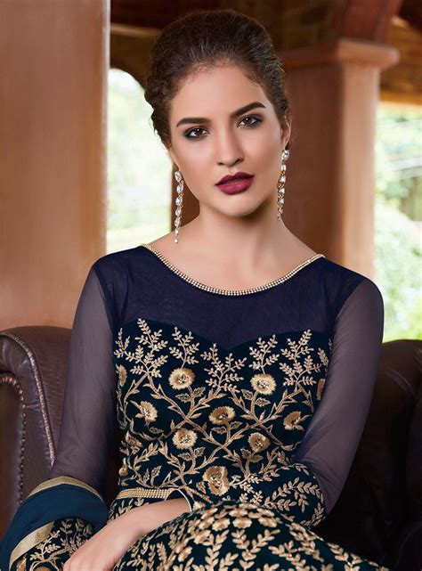 Navy Blue Embroidered Flared Anarkali Suit Hatkay