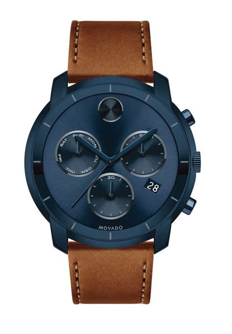 Movado Bold Blue Chronograph Dial Cognac Brown Leather Men S Watch