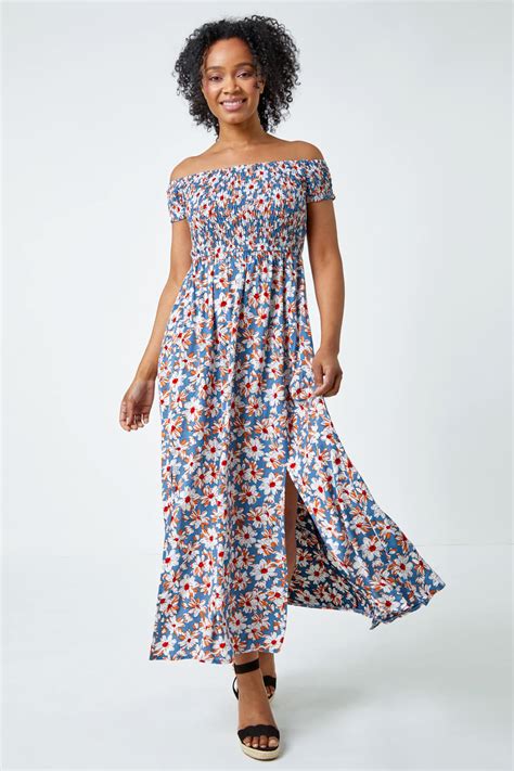 Blue Petite Floral Shirred Bardot Maxi Dress Petite Uk