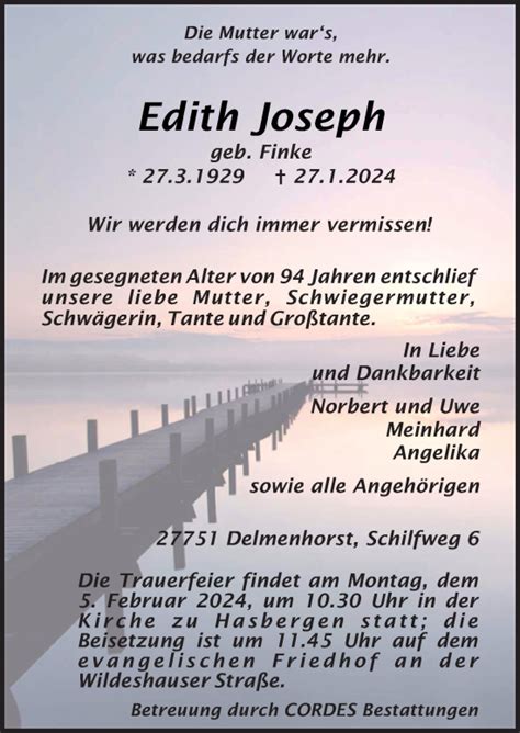 Traueranzeigen Von Edith Joseph Noz Trauerportal