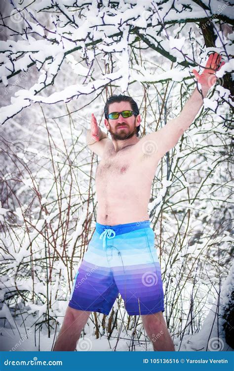 Naked Wild Man With Sunglasses At Winter Snowy Forest Stock Photo Image Of Forest Pinup