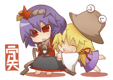 Girls Blonde Hair Chibi Gurageida Hat Moriya Suwako Purple Hair Red Eyes Touhou Yasaka Kanako