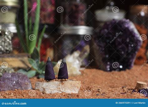 Amethyst Crystals And Chakra Stones On Australian Red Sand Meditation