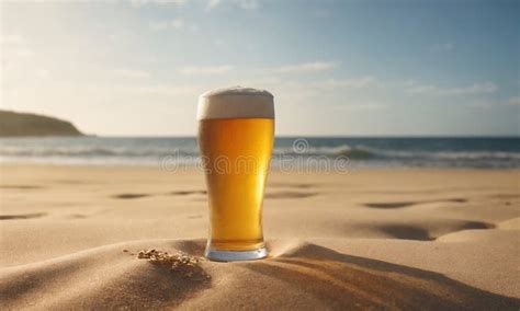 Copo De Cerveja Na Praia Arenosa Um Copo Fresco De Cerveja Em Cima De