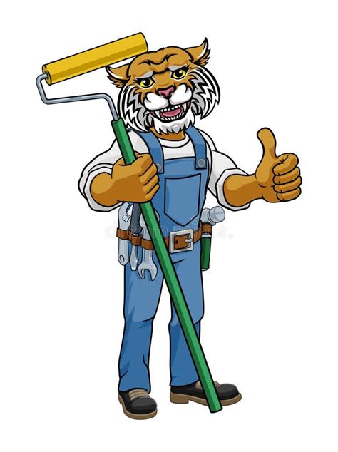 Wildcat Painter Decorator Paint Roller Mascot Man Stock Illustration