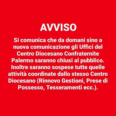 Avviso Chiusura Uffici Centro Diocesano Confraternite Palermo