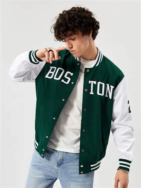 SHEIN Men Letter Graphic Striped Trim Varsity Jacket SHEIN USA