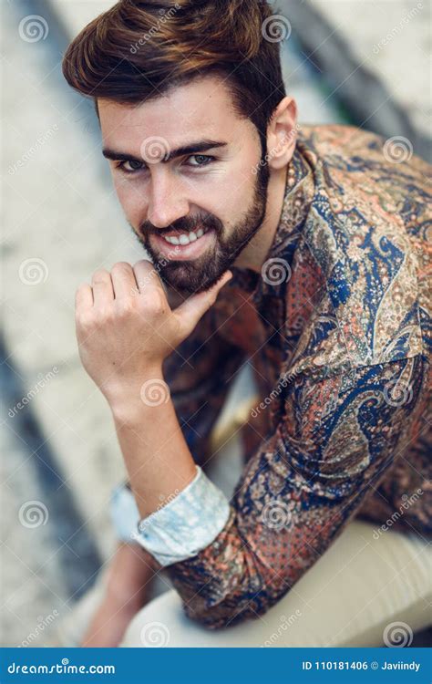 Close-up Portrait Of Young Bearded Man, Model Of Fashion, Smilin Stock ...