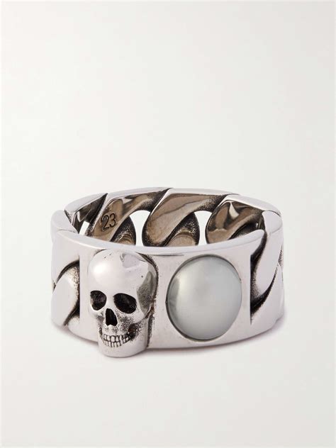 ALEXANDER MCQUEEN Skull Burnished Silver Tone Faux Pearl Ring For Men