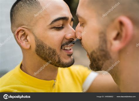 Portrait Happy Gay Couple Spending Time Together Hugging Street Lgbt