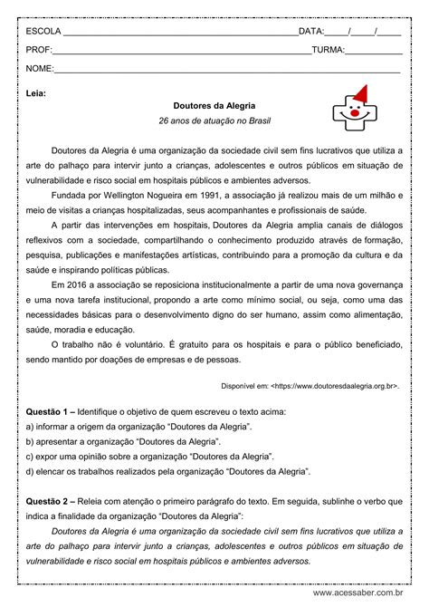 Interpretação De Texto Em Espanhol Gabarito 7o Ano Texto Exemplo