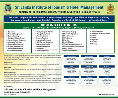 Visiting Lecturer Sri Lanka Institute Of Tourism And Hotel Management