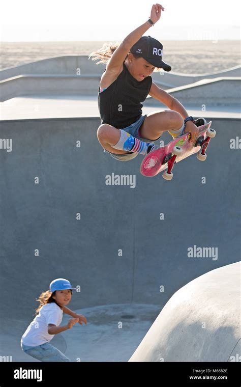 A skateboarder performing tricks at Venice Beach Skatepark, Santa ...