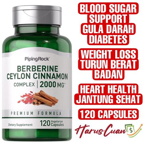 Jual Piping Rock Berberine Ceylon Cinnamon 2000 Mg 120 Capsules Blood