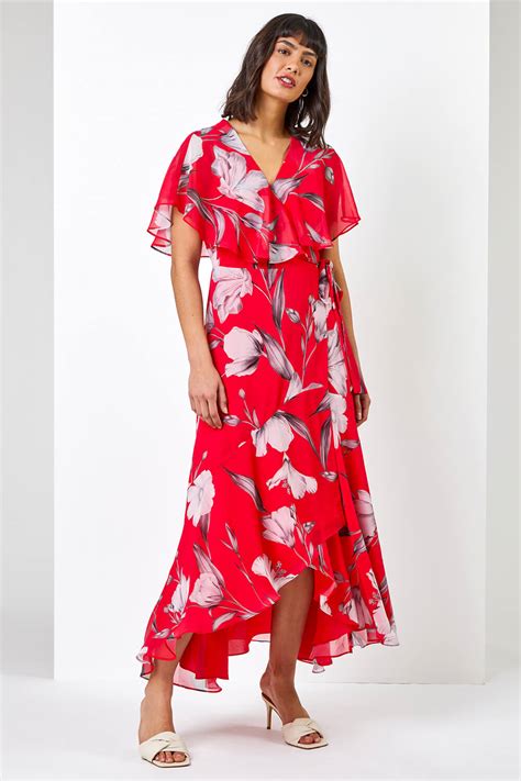 Floral Print Frill Cape Midi Dress In Pink Roman Originals UK