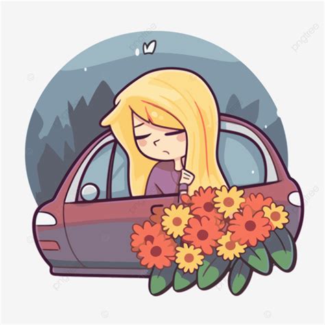 Menina Dos Desenhos Animados Deitado Na Frente De Seu Carro Flores