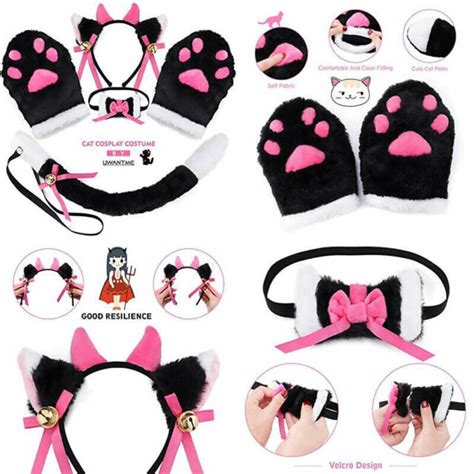 Cat Cosplay Costume Kitten Tail Ears Collar Paws Gloves One Size Black