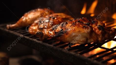 Grilled Chicken Cooked On A Wooden Grill With Wood Fire Charcoal