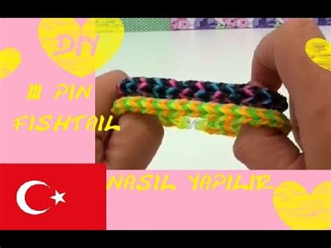 DIY Türkçe Rainbow Loom 3 pin fishtail basit yapımı Lastik Bileklik