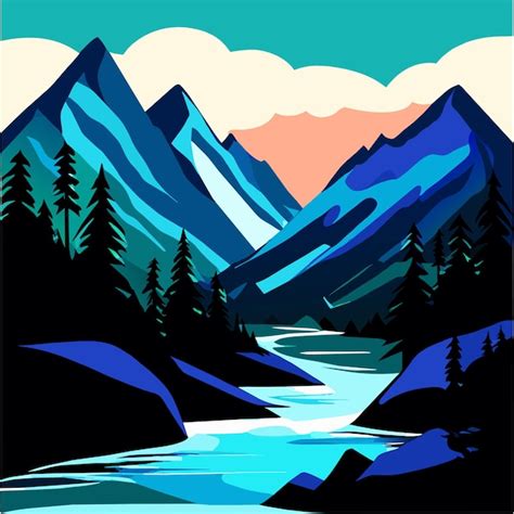 Premium Vector A River In The Mountains With A Forest And A Mountain