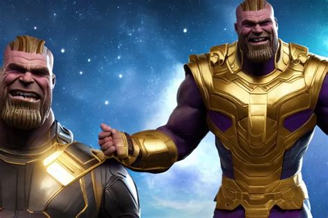 Krea Mcu 3d Render Of Gigachad Thanos Smiling Wearing Infinity Gauntlet High Quality