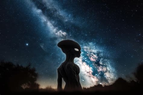 Forma De Vida Extraterrestre Observando El Cielo Nocturno Con Estrellas Brillantes Creadas Con