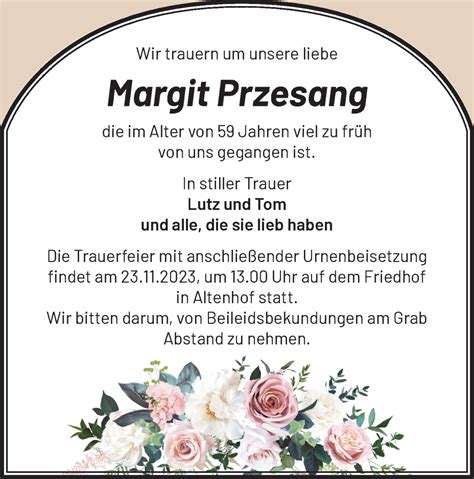 Traueranzeigen von Margit Przesang Märkische Onlinezeitung Trauerportal