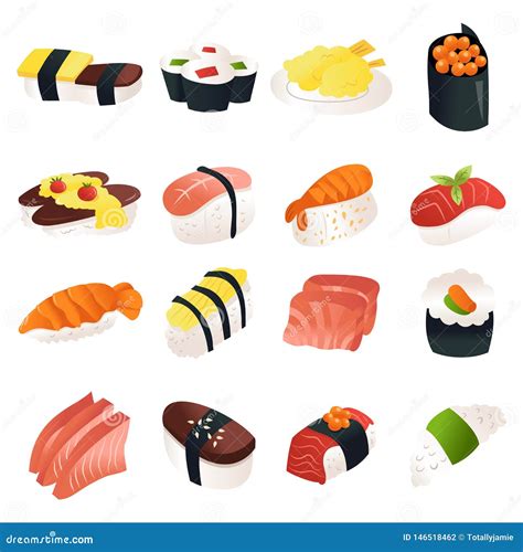 Cartoon Sushi Sashimi Icon Set Stock Illustration - Illustration of ...