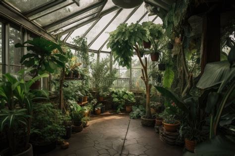 Greenhouse Filled With Lush Tropical Plants And Palms Perfect For Hot