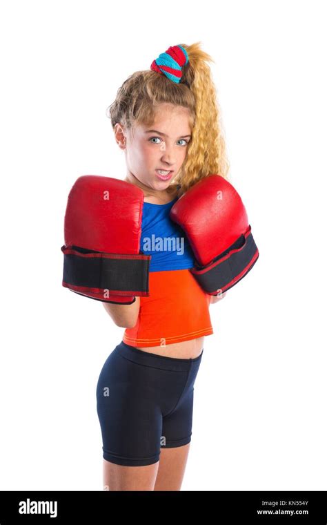 boxer kid blond girl with funny boxing gloves kidding aggressive Stock ...