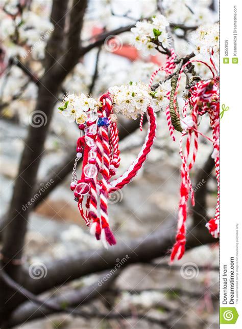 Different Bulgarian Martenitsa Signs On The Blossoming Tree Stock Photo