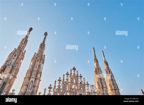 Amazing View Of Old Gothic Spires Milan Cathedral Roof On Sunny Day