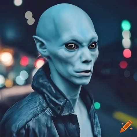 Pale Blue Skinned Humanoid Alien Man At A Crowded Bus Stop At Night On