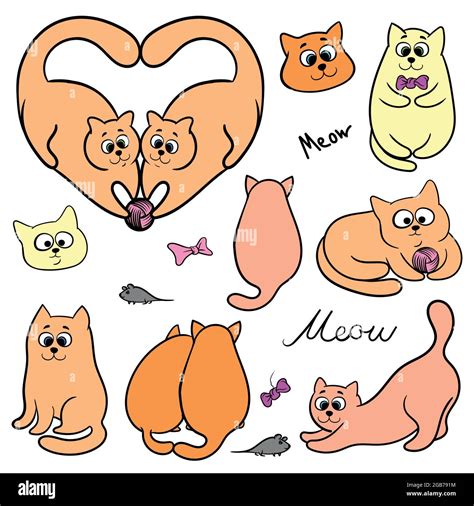 set of cute funny cats, vector drawing, cats in different poses, with a ball, on a white ...