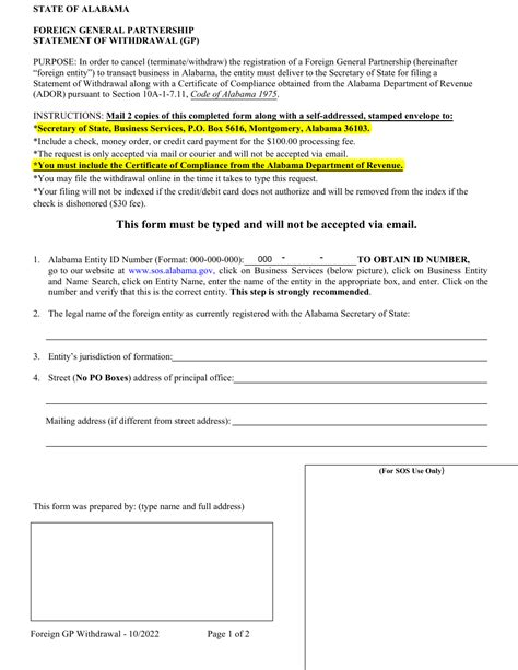 Alabama Foreign General Partnership Statement Of Withdrawal Gp Fill Out Sign Online And