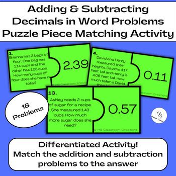 Add And Subtract Decimals Word Problems Differentiated Matching Activity