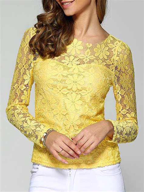 41 Off 2021 Long Sleeve Sheer Lace Blouse In Yellow Dresslily