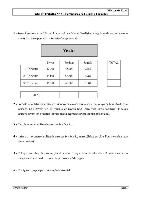 Ficha De Trabalho N Excel Pdf