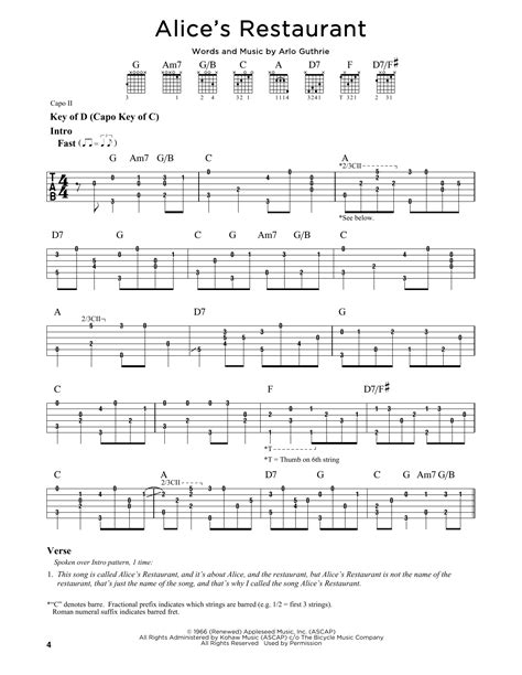 Alice's Restaurant by Arlo Guthrie - Guitar Lead Sheet - Guitar Instructor