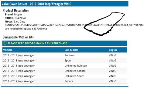 2012 2018 Jeep Wrangler Valve Cover Gasket Mopar 05184595ae