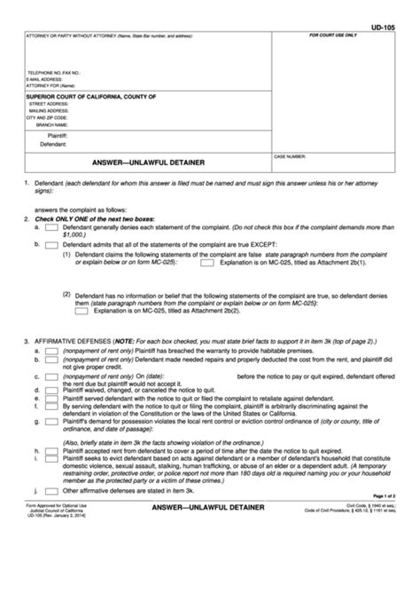 Fillable Answer Unlawful Detainer Printable Pdf Download