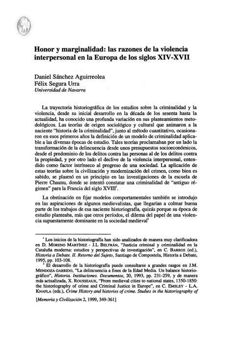 Pdf Honor Y Marginalidad Las Razones De La Violencia Interpersonal