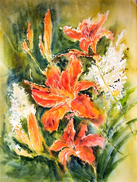 Tiger lilies painting. Watercolor flowers – Nadezhda Bogomolova