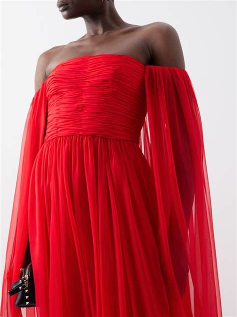 Red Off The Shoulder Caped Silk Chiffon Gown Valentino Garavani