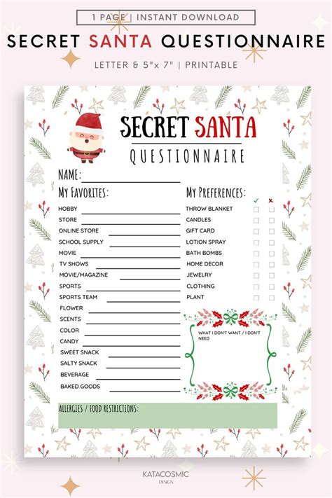 Christmas Secret Santa Questionnaire Invitation Gift Exchange Form